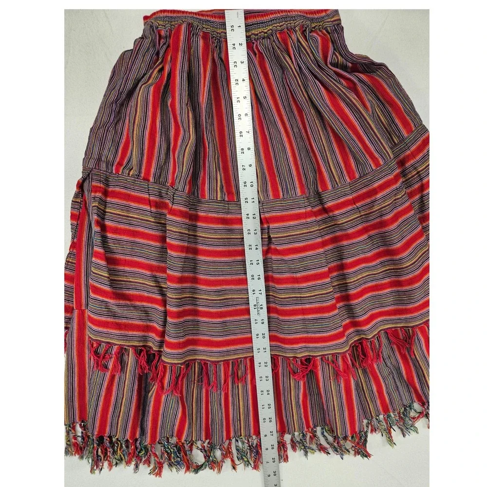 Womens Bohemian Tiered Maxi‎ Skirt Red Stripe Tassel Size Small